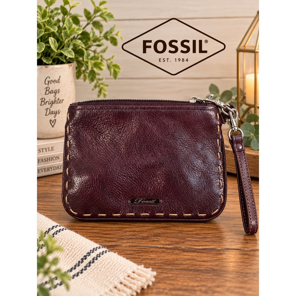 Fossil Burgundy Pebbled Leather Whipstitch Wristlet Pouch Clutch Bag